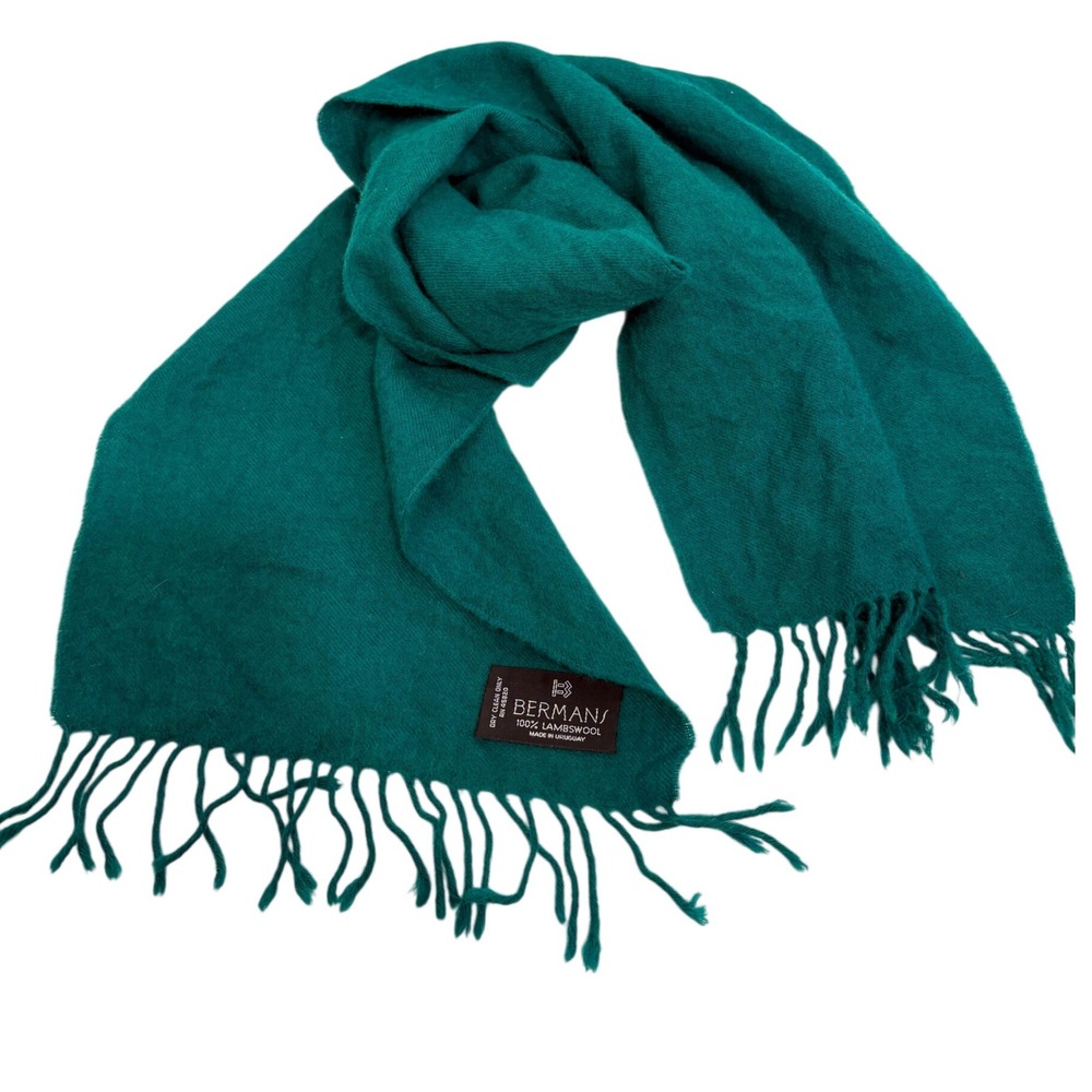 Bermans Vintage Teal Green 100% Lambswool Fringed Scarf Made in Uruguay